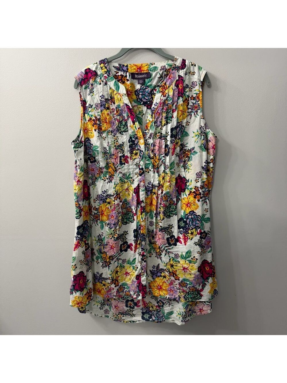 Roaman's Multicolor Floral VNeck Pintuck Button Down Cotton Blouse 16W